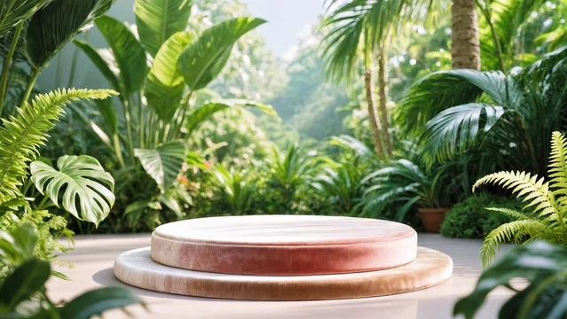 Minimal Round Podium with Rich Fabric in Tranquil Garden Scene