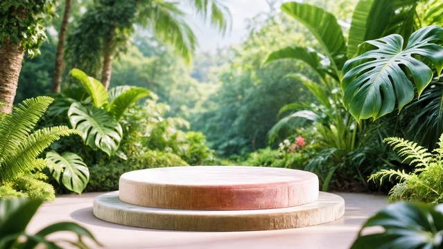 Pastel Velvet Platform in Botanical Setting with Gentle Shadows