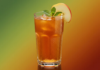 Studio photo of a tall clear glass filled with thick, rich apple juice in a deep golden amber color.