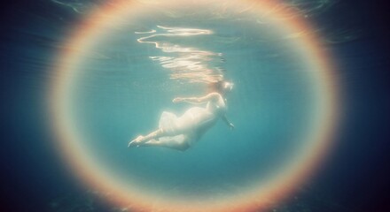 A woman gracefully floats underwater, encircled by a vibrant, colorful halo.