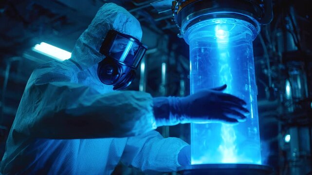 Scientist wearing protective suit and gas mask examining glowing blue chemical reactor in dark laboratory environment during intense experiment