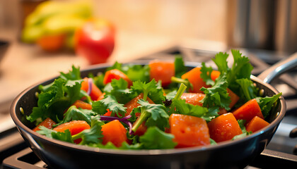 Fresh vegetables sizzling in a frying pan, vibrant colors under warm kitchen lighting.