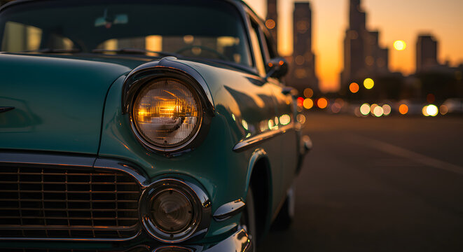 Fototapeta Close up of a vintage teal car headlight and grille against a blurred city skyline at sunset