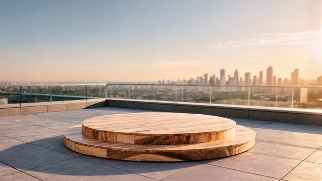 Round Wooden Stage with Soft Shadows and Open Sky Background
