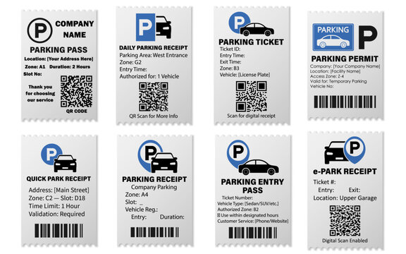 Fototapeta Minimal vector set of parking ticket, pass, and receipt templates featuring clean white background, QR codes, and barcodes for editable use. deal for garages, apps, or urban mobility systems.
