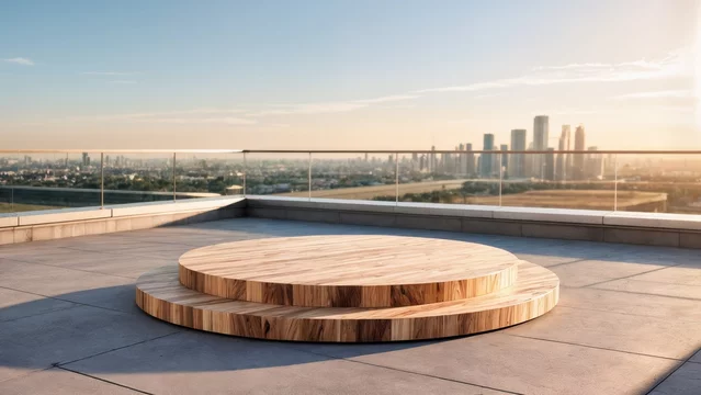 Natural Grain Product Platform on Concrete Rooftop with City View