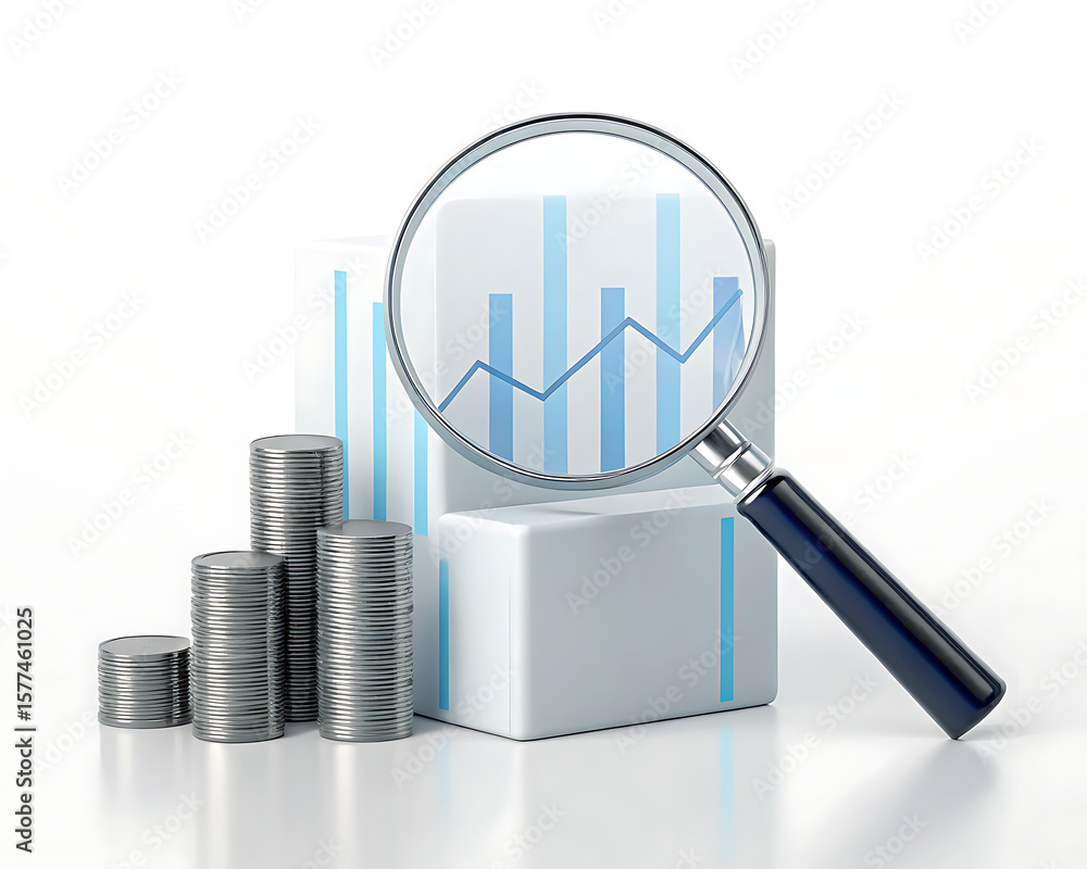 Poster stacks of coins with a bar graph and a magnifying glass on a white background representing finance