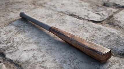 Cricket bat taped at handle lying diagonally across a weathered stone surface under soft ambient skylight gray and walnut