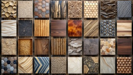 Collection of diverse textured material samples arranged in a grid on wood