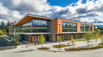 Modern office building with a landscaped plaza, seen from a high-angle perspective, on a sunny day