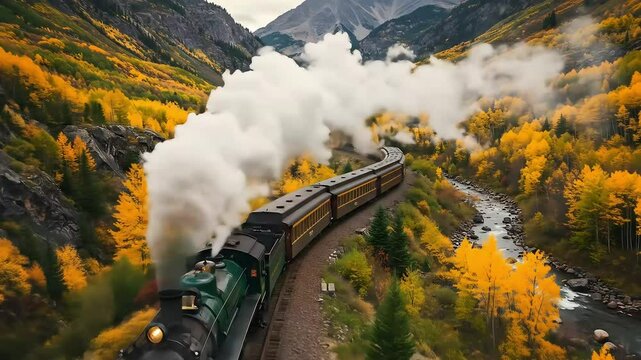 Vintage steam train chugs through vibrant autumn landscape beside a winding river