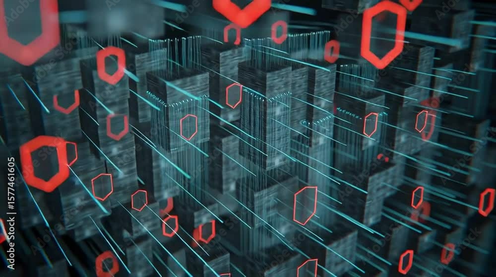 Poster network security architect. glowing red shield icons represent digital security on a futuristic, abs