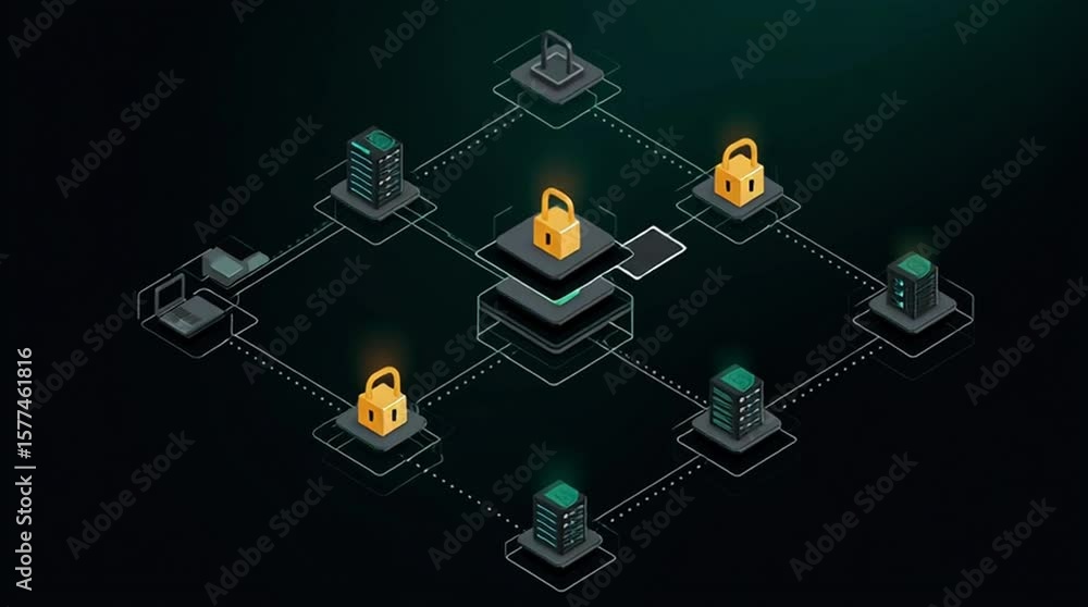 Poster network security architect. a network diagram features interconnected servers, laptops, and security