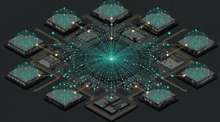 Network security architect. A digital illustration of interconnected servers exchanging data streams in a centralized network. - Powered by Adobe