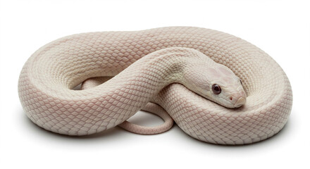 Fototapeta premium Captivating portrait of a pale white snake with striking red eyes against clean white backdrop