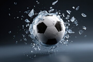 Naklejka premium Football surrounded by glass shards in mid-air explosion captured with high-speed detail and directional lighting emphasizing reflections and debris
