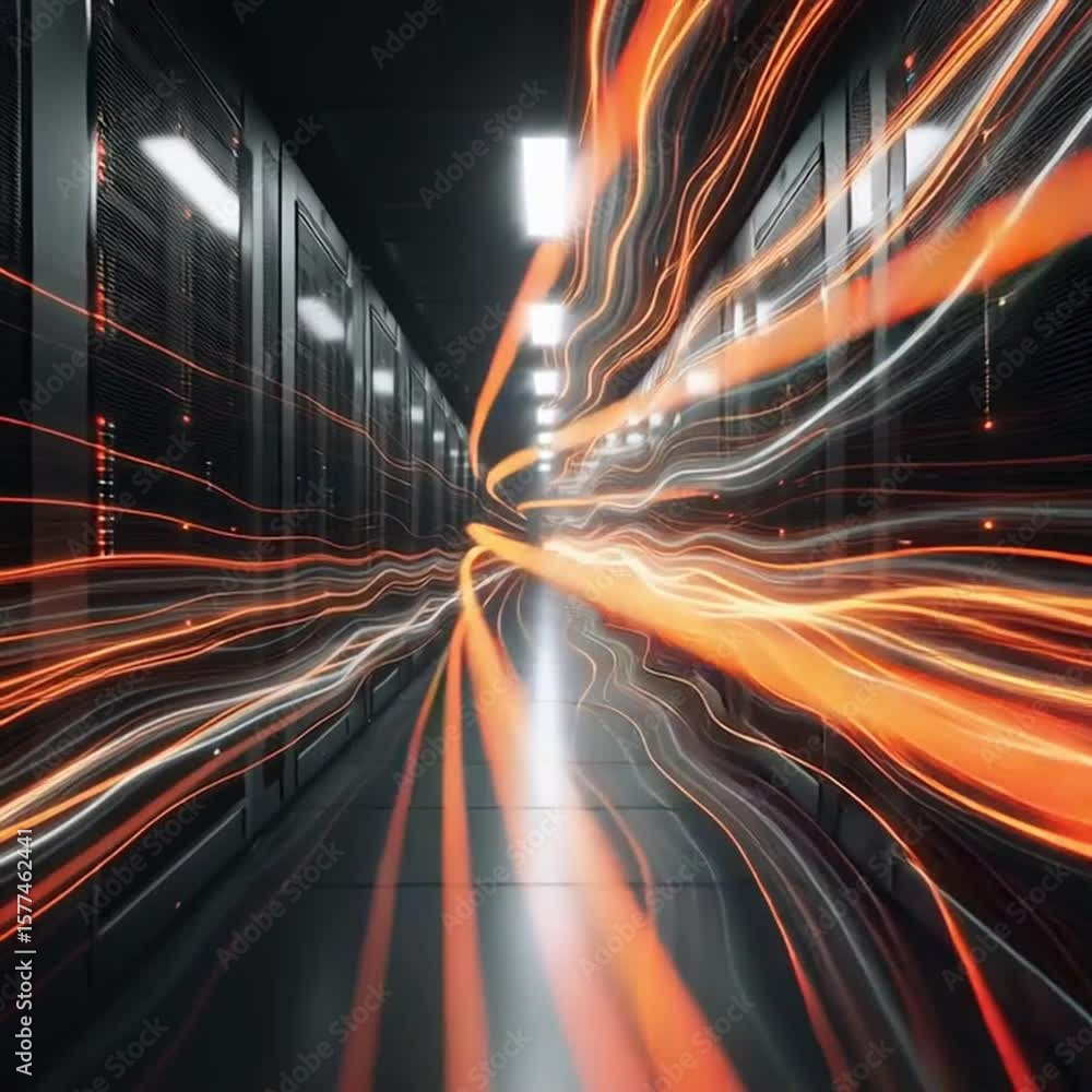 Poster network security architect. a futuristic data center hallway with glowing light trails symbolizing f