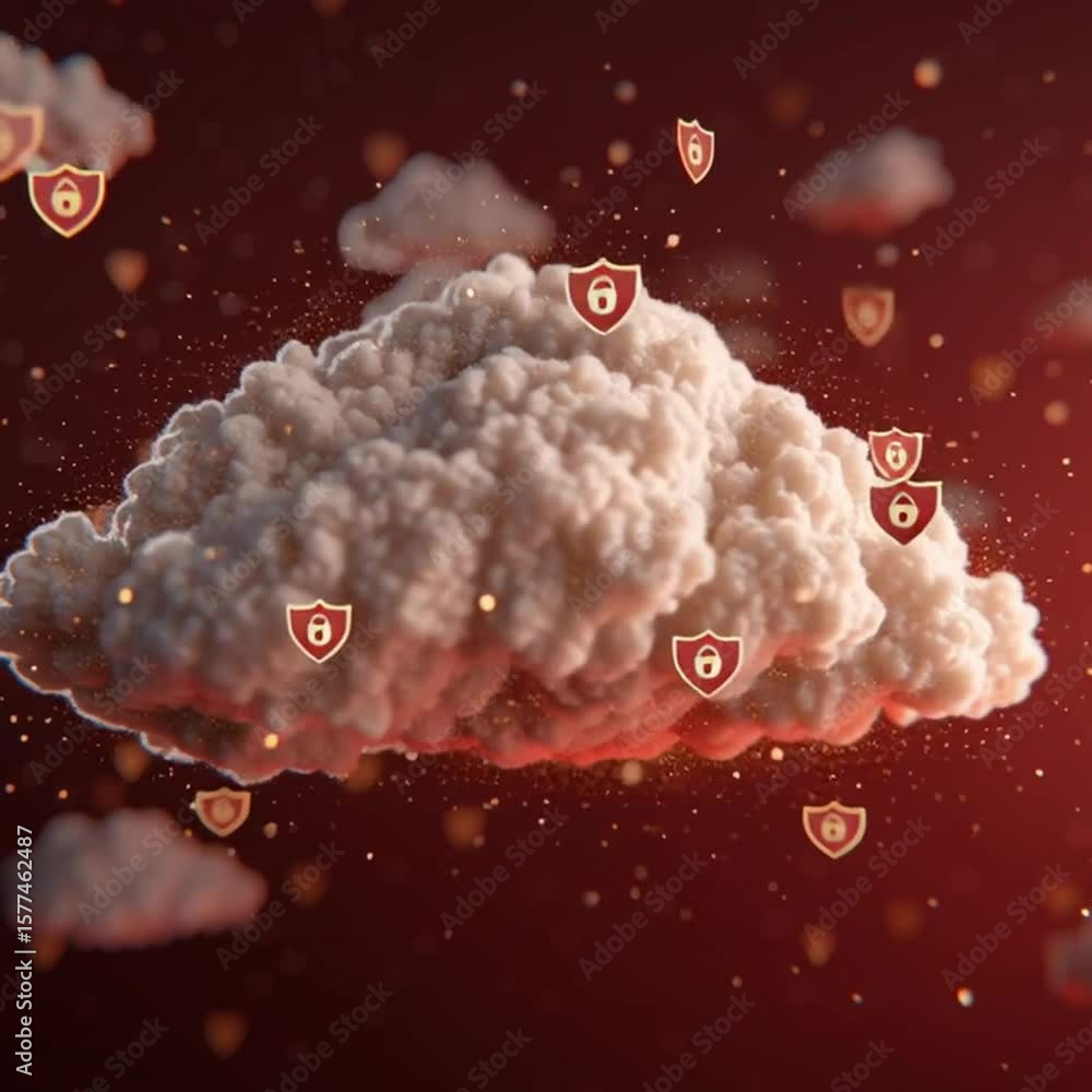Poster network security architect. a digital cloud surrounded by security shield icons symbolizes data prot