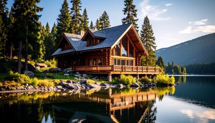 Fototapeta premium Log cabin nestled on a lake shore