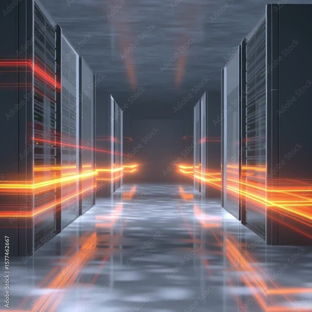 Poster network security architect. a futuristic data center corridor with glowing orange light trails repre