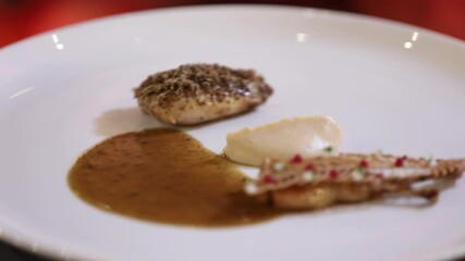 A beautifully plated gourmet dish featuring tender protein, rich sauce, creamy puree, and artistic garnishes. This elegant culinary creation is perfect for fine dining establishments