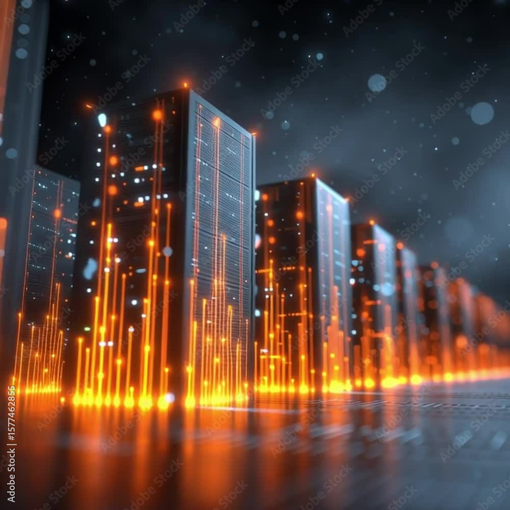 Poster network security architect. a row of dark, glowing data server towers with orange digital lights in 