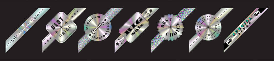 Set of iridescent diagonal holographic sale stickers. Shiny foil labels for Best choice, big sale, special offer, and premium quality. Gradient metallic texture with retro futuristic look on black