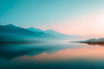 Fototapeta premium Landscape, misty mountains at dawn, simple composition, pastel sky, clean and calm aesthetic
