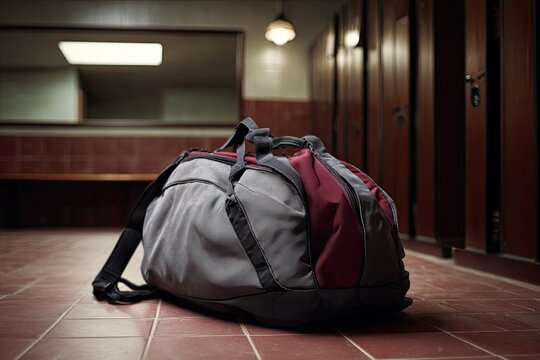 Cricket bag zipper opening with gear spilling out onto locker room tiles diffused ambient lighting with reflection details on - Powered by Adobe