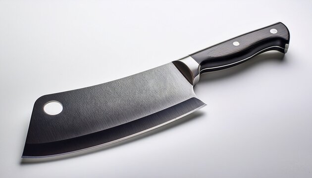 sharp black meat cleaver with handle holes features a white background perfectly