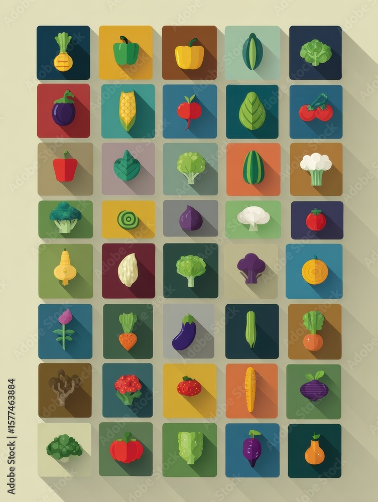 Poster colorful flat icons of assorted vegetables arranged in a grid with an open top bar for visual organi