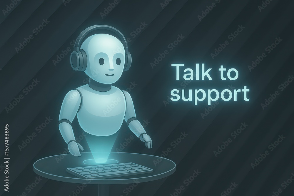 Poster a friendly, tech-savvy robot provides support. the image features a robot wearing a headset, ready t