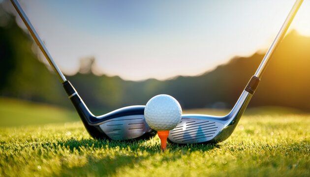 close up golf ball on tee with golf drivers at golf course