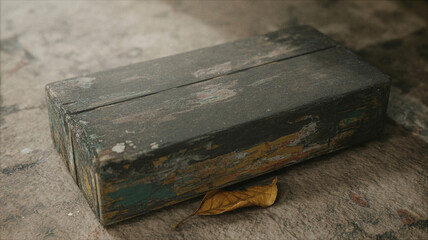 Obraz premium Grunt Weathered Wooden Block with Dried Leaf Detail.