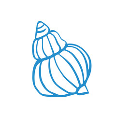 Marine whimsical ink hand drawn seashell in blue color on the white background