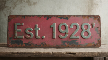 Grunt Weathered Metal Sign Displaying Est 1928 with Rust and Patina.
