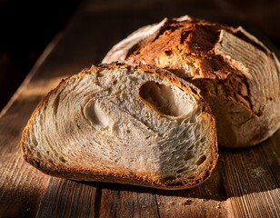rustic sourdough bread cutting in half with deep cracks and crisp skin on rustic wooden table hand scored hearth loaf captured in natural ambient light