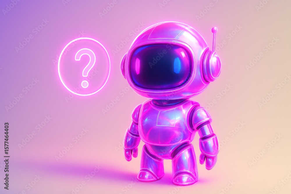 Poster a curious robot stands with a question mark, creating a futuristic and technological concept. the ro