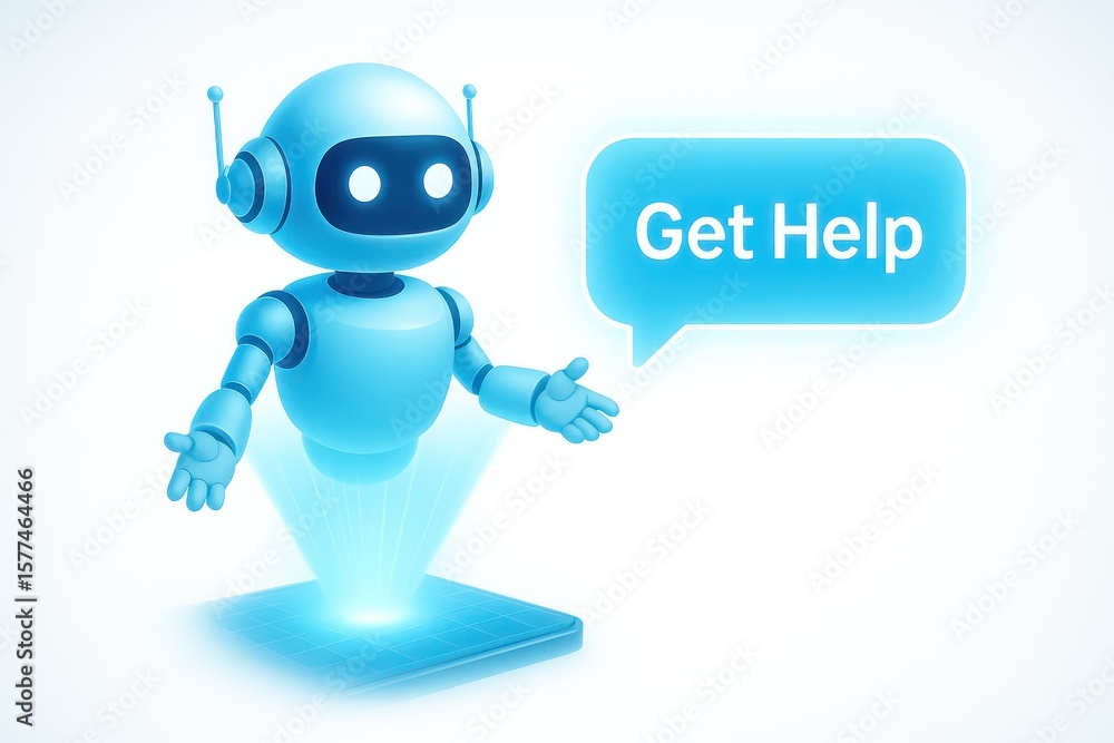 Poster a futuristic robot assistant stands ready to offer help. the robot's inviting presence and the speec