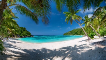 Fototapeta premium high end photography of a hidden beach with crystal clear waters and white sand framed by palm trees