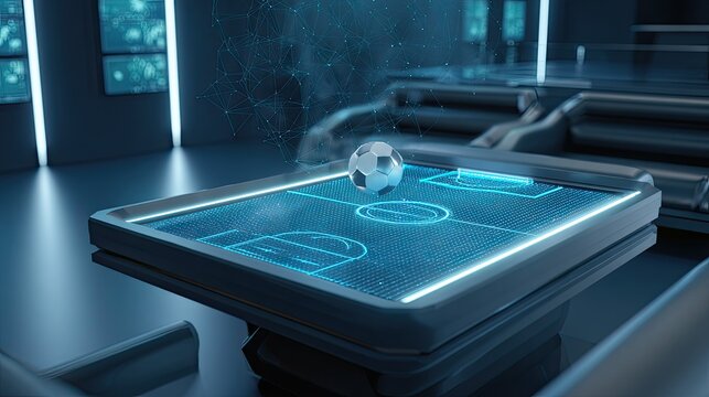 Digital control room with glowing soccer field hologram table and floating data points above ball deep blue palette and
