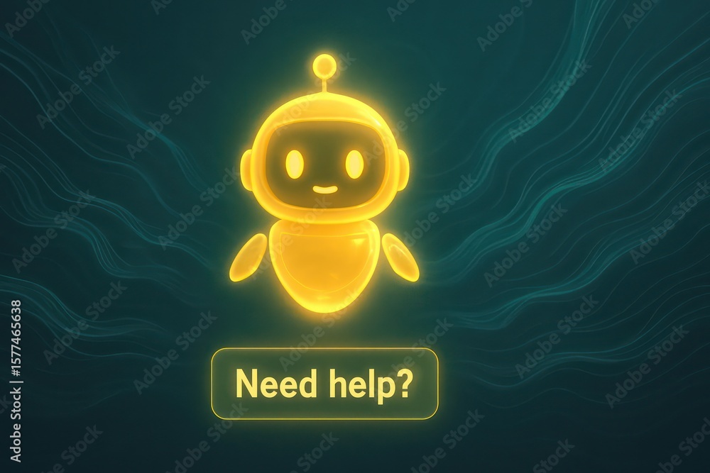 Poster a glowing chatbot with a friendly, approachable demeanor offers assistance, inviting interaction wit