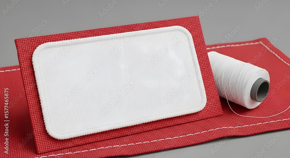 Poster abstract composition of white rectangular and conical shapes on red textured fabric against gray bac