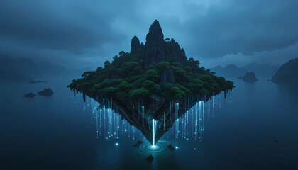 A floating island with trees and mountains surrounded by water under a cloudy sky at nighttime