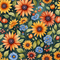 Colorful floral pattern featuring sunflowers and blue flowers  
