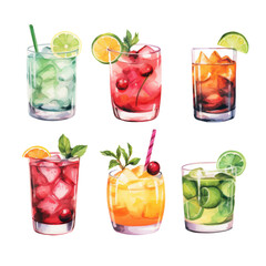 Vector watercolor painted cocktails clipart Hand drawn isolated on transparent background.