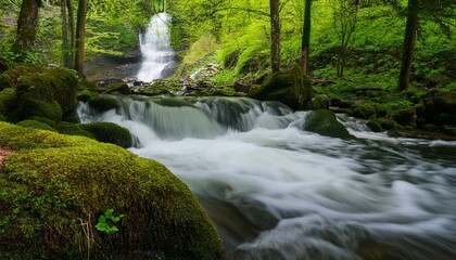 Obraz premium a stream swollen with spring rains spills over a picturesque waterfall in a spring green woodland landscape