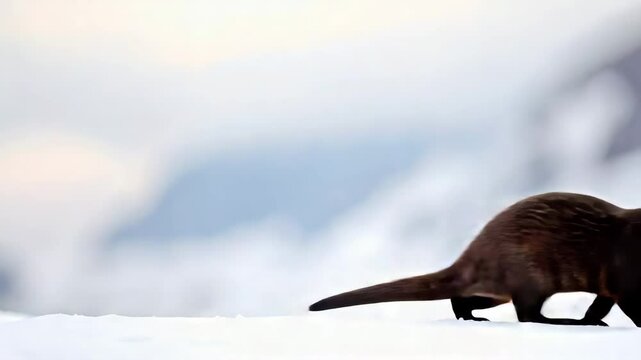 Otter sitting on snowy hill next to weasel in snowy landscape during winter season