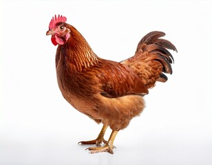 Fototapeta premium full body of brown chicken hen standing isolated white background use for farm animals and livestock theme