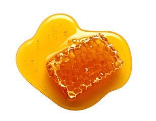 realistic golden honey drop with honeycomb block on isolated background showing sweet organic texture and natural glossy syrup splash in top view for food concept and design element
